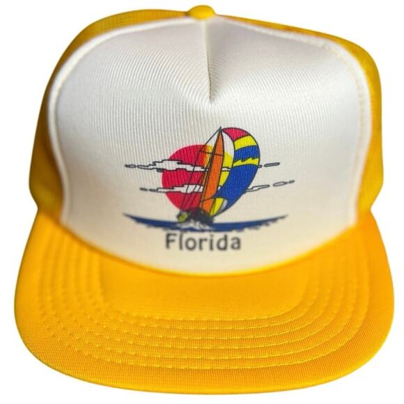Vintage Snapback Trucker Hat | Florida Tourist | Yellow & White | Boat Scene - Picture 2 of 8